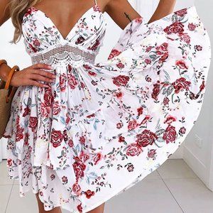 Halter Crochet Lace Floral Print Backless Dress